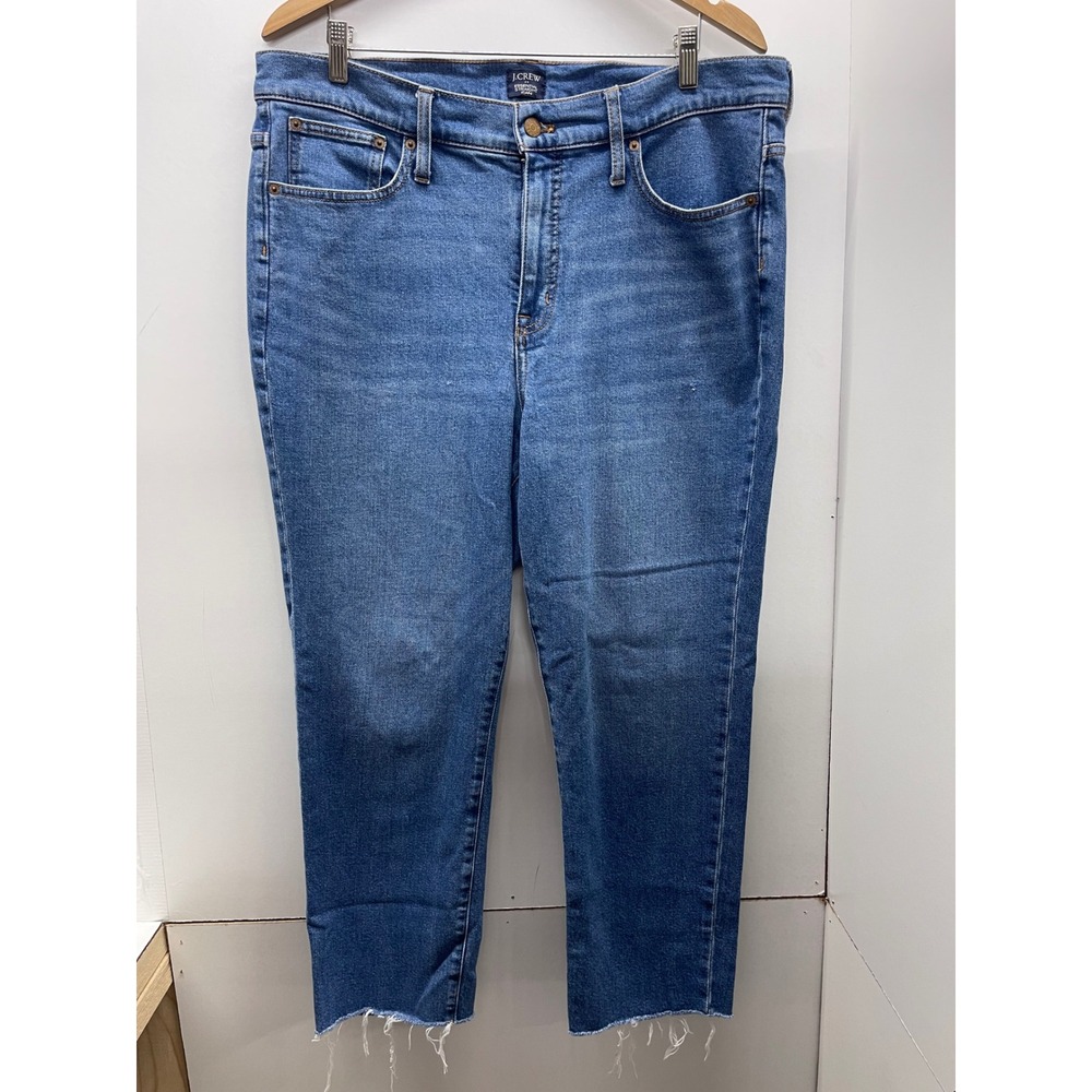 J.Crew Essential Straight Jean Medium Wash Raw Hem Stretch Denim Blue Sz 16